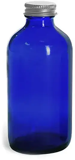 8 oz Blue Glass Boston Round Bottles w/ Lined Aluminum Caps