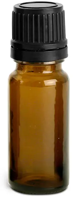 10 ml Amber Glass Euro Dropper Bottles w/ Black Tamper Evident Caps & Orifice Reducers