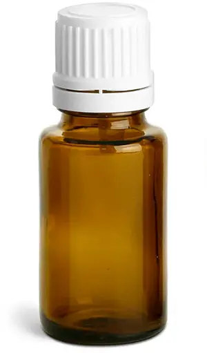 15 ml Amber Glass Euro Dropper Bottles w/ White Tamper Evident Caps & Orifice Reducers