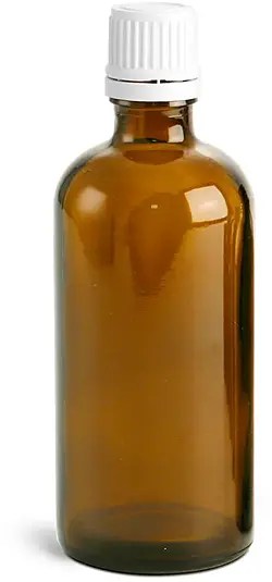100 ml Amber Glass Euro Dropper Bottles w/ White Tamper Evident Caps and Orifice Reducers
