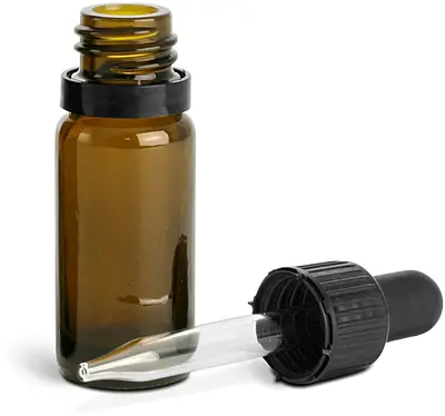 10 ml Amber Glass Round Bottles w/ Black Tamper Evident Glass Droppers