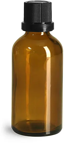 50 ml Glass Bottles, Amber Glass Euro Dropper Bottles w/ Black Tamper Evident Caps and Dropper Inserts
