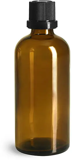 100 ml Glass Bottles, Amber Glass Euro Dropper Bottles w/ Black Tamper Evident Caps and Dropper Inserts