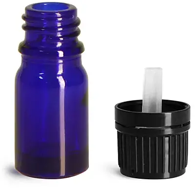 5 ml Glass Bottles, Cobalt Blue Glass Euro Dropper Bottles w/ Black Tamper Evident Caps & Orifice Reducer