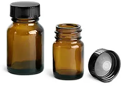15 cc Amber Glass Pharmaceutical Round Bottles w/ Lined Black Phenolic Caps