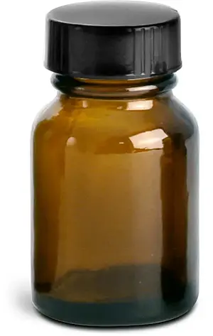 30 cc Amber Glass Pharmaceutical Round Bottles w/ Lined Black Phenolic Caps