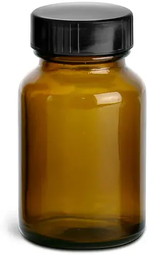 60 cc Amber Glass Pharmaceutical Round Bottles w/ Lined Black Phenolic Caps
