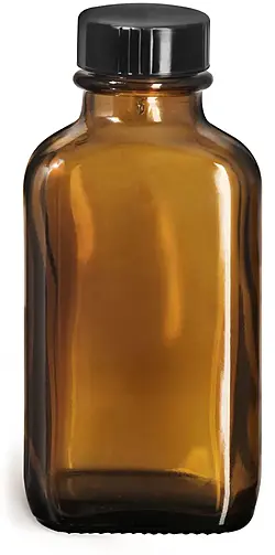 3 oz Glass Bottles, Amber Glass Blake Oval Bottles w/ Black Ribbed Phenolic Cone Lined Caps