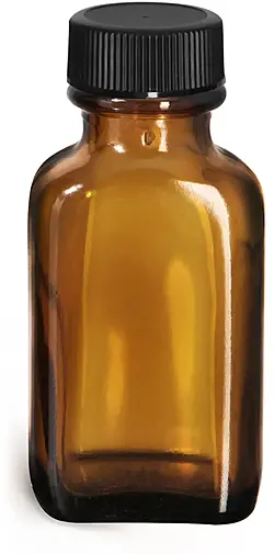 1 oz Glass Bottles, Amber Glass Oblong Bottles w/ Black Ribbed PE Lined Caps