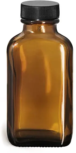 3 oz Glass Bottles, Amber Glass Oblong Bottles w/ Black Ribbed PE Lined Caps
