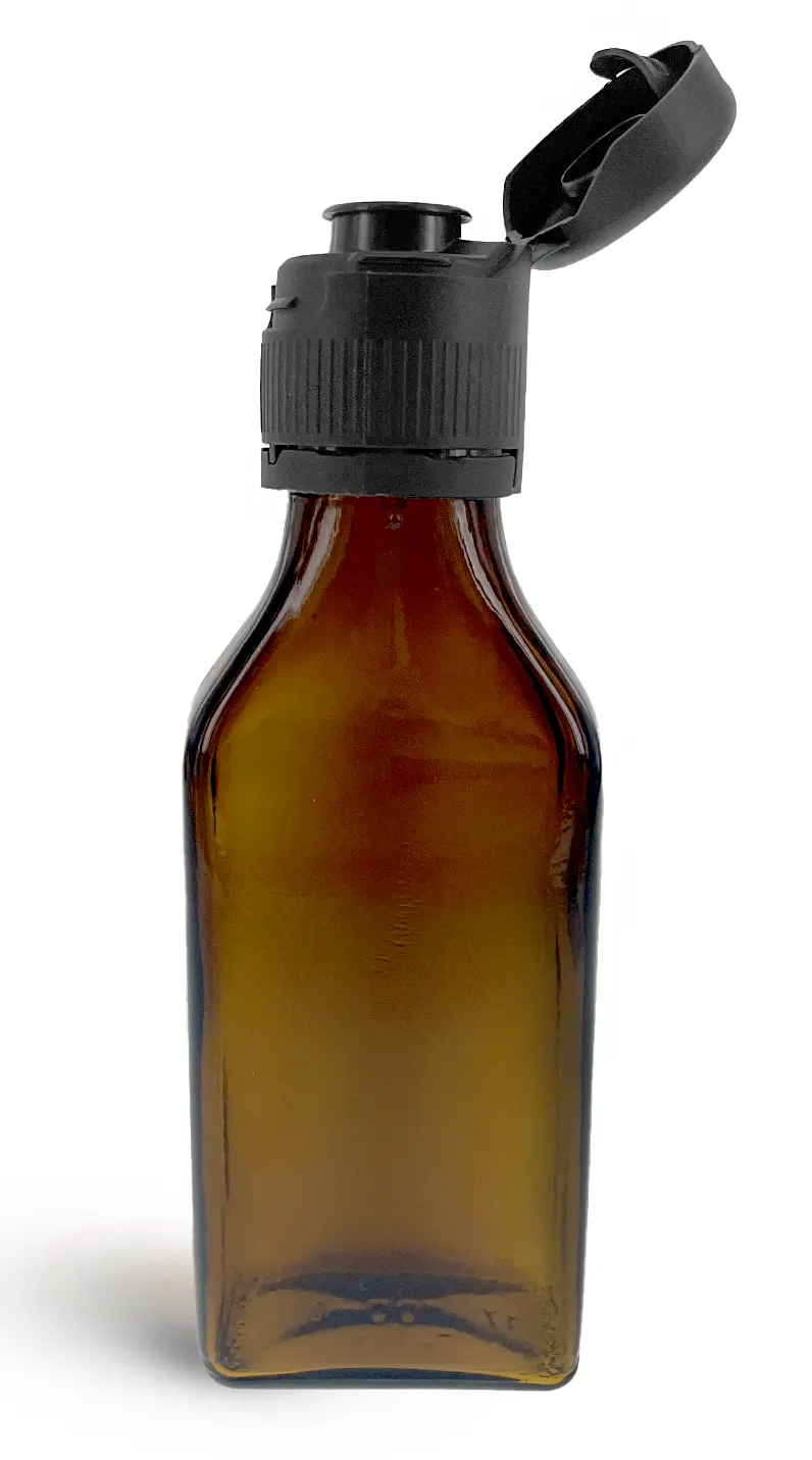 100 ml Amber Glass Oblong Flasks w/ Black Tamper Evident Flip-Top Pourer Caps