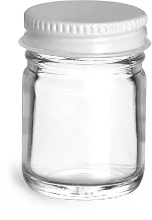 1 oz Clear Glass Jars w/ White Metal Plastisol Lined Caps