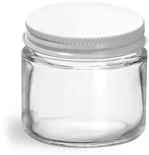 2 oz Clear Glass Jars w/ White Metal Plastisol Lined Caps