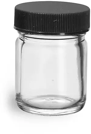 1 oz Clear Glass Jars w/ Lined Black Ribbed Plastic Caps