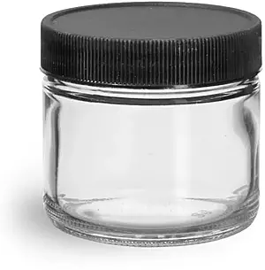 2 oz Clear Glass Jars w/ Lined Black Ribbed Plastic Caps