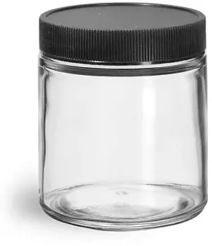 4 oz Clear Glass Jars w/ Lined Black Ribbed Plastic Caps