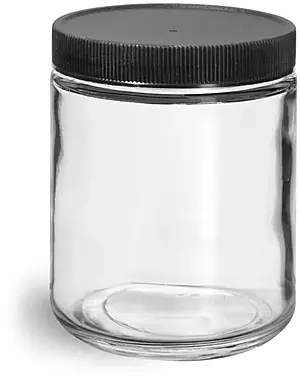 8 oz Clear Glass Jars w/ Lined Black Ribbed Plastic Caps