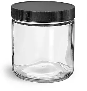 16 oz Clear Glass Jars w/ Lined Black Ribbed Plastic Caps