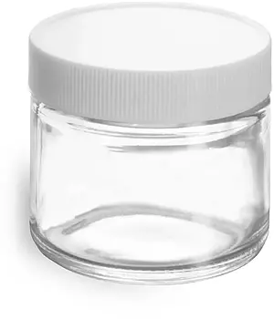 2 oz Clear Glass Jars w/ Lined White Plastic Ribbed Caps