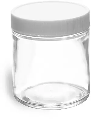 4 oz Clear Glass Jars w/ Lined White Plastic Ribbed Caps