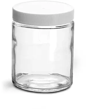 6 oz Clear Glass Jars w/ Lined White Plastic Ribbed Caps