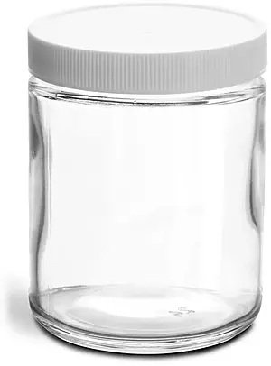 8 oz Clear Glass Jars w/ Lined White Plastic Ribbed Caps