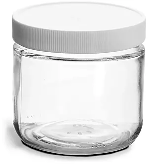 12 oz Clear Glass Jars w/ Lined White Plastic Ribbed Caps