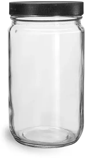 32 oz Clear Glass Jars w/ Lined Black Ribbed Plastic Caps