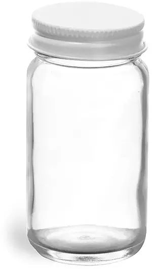 2 oz  Clear Glass Paragon Jars w/ White Metal Foil Lined Caps