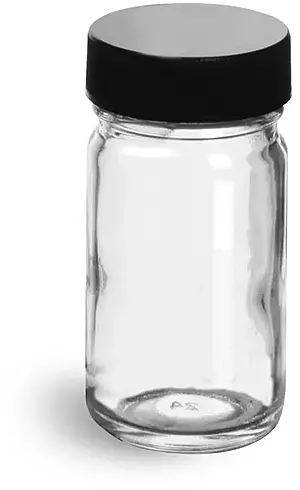 1 oz Clear Glass Paragon Jars w/  Lined Black Ribbed Plastic Caps