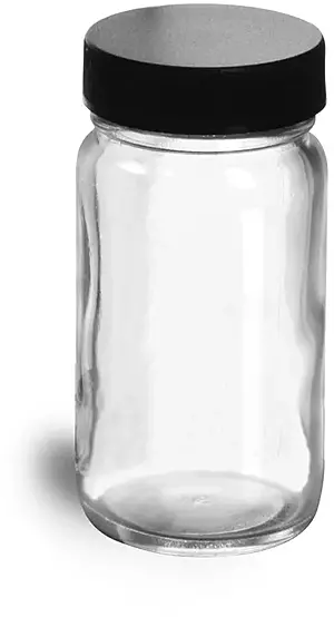 2 oz Clear Glass Paragon Jars w/  Lined Black Ribbed Plastic Caps