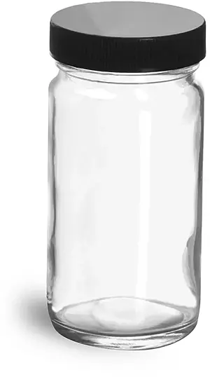 4 oz Clear Glass Paragon Jars w/  Lined Black Ribbed Plastic Caps