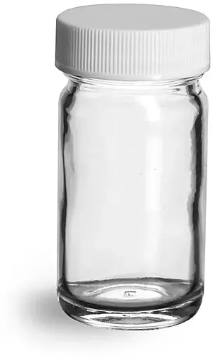 1 oz Clear Glass Paragon Jars w/ Lined White Ribbed Plastic Caps