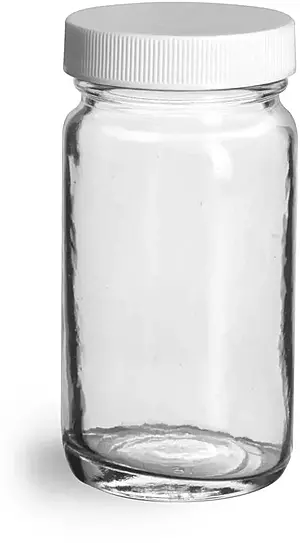2 oz Clear Glass Paragon Jars w/ Lined White Ribbed Plastic Caps