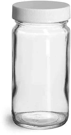 4 oz Clear Glass Paragon Jars w/ Lined White Ribbed Plastic Caps