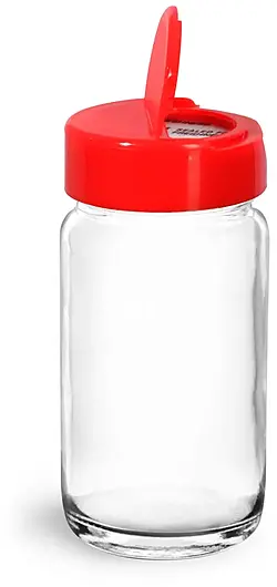 2 oz Glass Jars, Clear Glass Paragon Jars w/ Red Ps 113 Lined Spice Caps