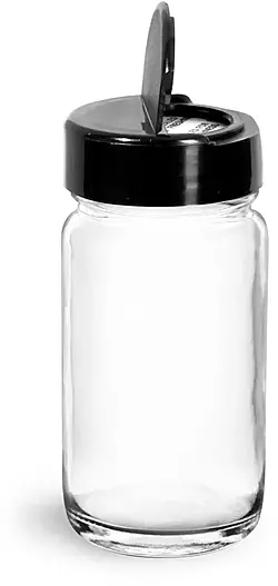 2 oz Glass Jars, Clear Glass Paragon Jars w/ Black Ps 113 Lined Spice Caps