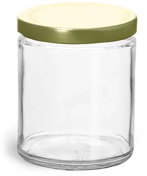9 oz Clear Glass Straight Sided Jars w/ Gold Metal Plastisol Lined Lug Caps