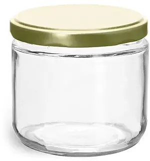 12 oz Clear Glass Straight Sided Jars w/ Gold Metal Plastisol Lined Lug Caps