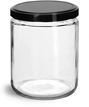 12 oz Clear Glass Jars w/ Black Metal Plastisol Lined Lug Caps