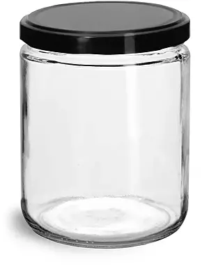 16 oz Clear Glass Straight Sided Jars w/ Black Plastisol Lined Lug Caps