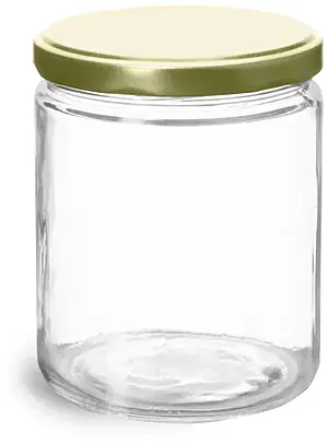 16 oz Clear Glass Straight Sided Jars w/ Gold Metal Plastisol Lined Lug Caps