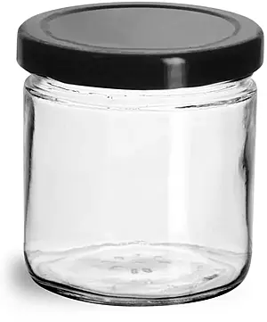 7.75 oz Clear Glass Straight Sided Jars w/ Black Metal Plastisol Lined Lug Caps