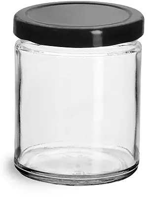 9 oz Clear Glass Straight Sided Jars w/ Black Metal Plastisol Lined Lug Caps