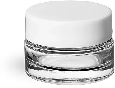 0.25 oz Clear Glass Thick Wall Cosmetic Jars w/ White Smooth Lined Caps