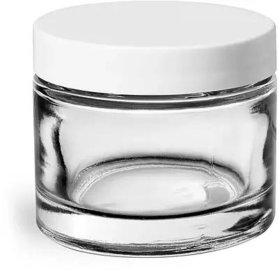 2.3 oz Clear Glass Thick Wall Cosmetic Jars w/ White Smooth Lined Caps
