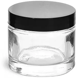 2.3 oz Clear Glass Thick Wall Cosmetic Jars w/ Black Smooth Lined Caps