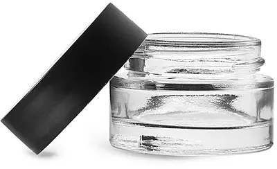 0.5 oz Clear Glass Thick Wall Cosmetic Jars w/ Matte Black PE-F217 Lined Caps