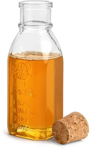 8 oz Clear Glass Muth Style Honey Bottles w/ Cork Stoppers
