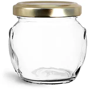 106 ml Glass Jars, Clear Glass Honey Pot Jars w/ Gold Metal Plastisol Lined Lug Caps